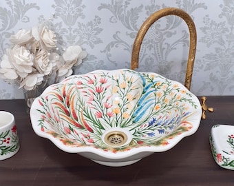 Lavabo da appoggio dipinto a mano con motivi floreali / Lavabo rotondo in ceramica / Lavabo artigianale fatto a mano