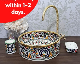 Lavabo de cerámica marroquí pintado a mano de 35,5 cm con borde de latón – Lavabo artesanal para baño