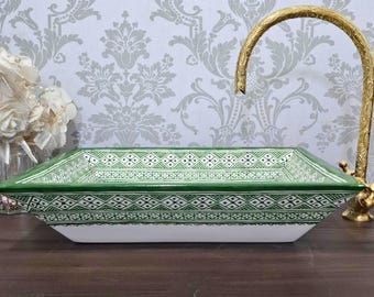 Moroccan Ceramic Rectangular Vessel Sink, Green Fish-scale Basin