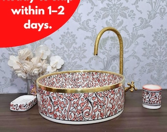 16 inch Pink Moroccan vessel sink - hand painted countertop sink bowl