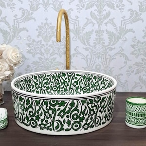 Moroccan Green Sink Bowl with Floral Pattern – Handcrafted Ceramic Washbasin (In Stock)
