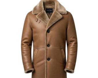 Men’s Tan Shearling Aviator Leather Coat | Real Sheepskin Pilot Jacket | Vintage Flight Winter Outerwear