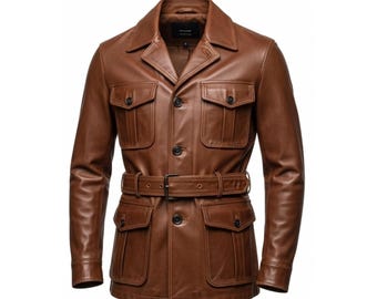 Men’s Brown Belted Leather Safari Jacket | Genuine Sheepskin Field Coat | Vintage Military Style Outerwear
