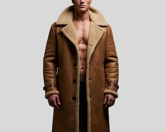 Men’s Brown Shearling Long Coat | Genuine Sheepskin Leather Overcoat | Luxury Winter Shearling Jacket