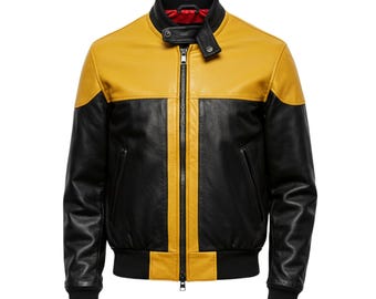 Men’s Yellow & Black Leather Bomber Jacket | Bold Colorblock Moto Style | Stylish Winter Outerwear
