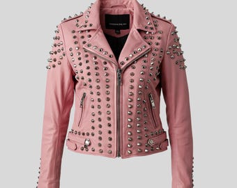 Women’s Pink Studded Sheepskin Leather Jacket | Luxury Rock Biker Coat | Designer Spiked Motorcycle Outerwear