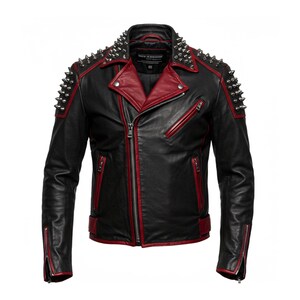 May include: Black leather jacket with red trim and silver spikes on the shoulders. The jacket has a zip closure, several pockets, and a red lining. A bold and edgy outerwear item.