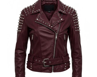 Women’s Burgundy Studded Lambskin Leather Jacket | Premium Moto Biker Coat | Luxury Rock-Chic Slim Fit Outerwear with Silver Hardware