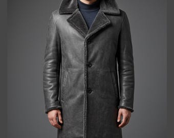 Men’s Grey Shearling Leather Long Coat | Genuine Sheepskin Winter Overcoat | Warm Fur Lined Outerwear
