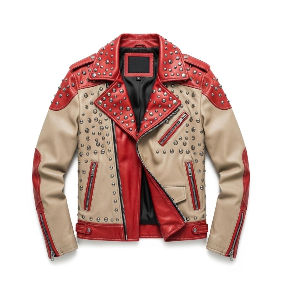 Red Master Riding Jacket Men’s Red & Beige Leather Studded Rider Jacket | Two-tone Designer Moto ...