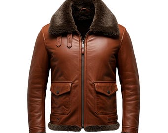 May include: A brown leather jacket with a shearling collar and lining. The jacket features a zip-up front, two front pockets with button closures, and shearling trim at the cuffs and hem. The jacket has a classic aviator style.
