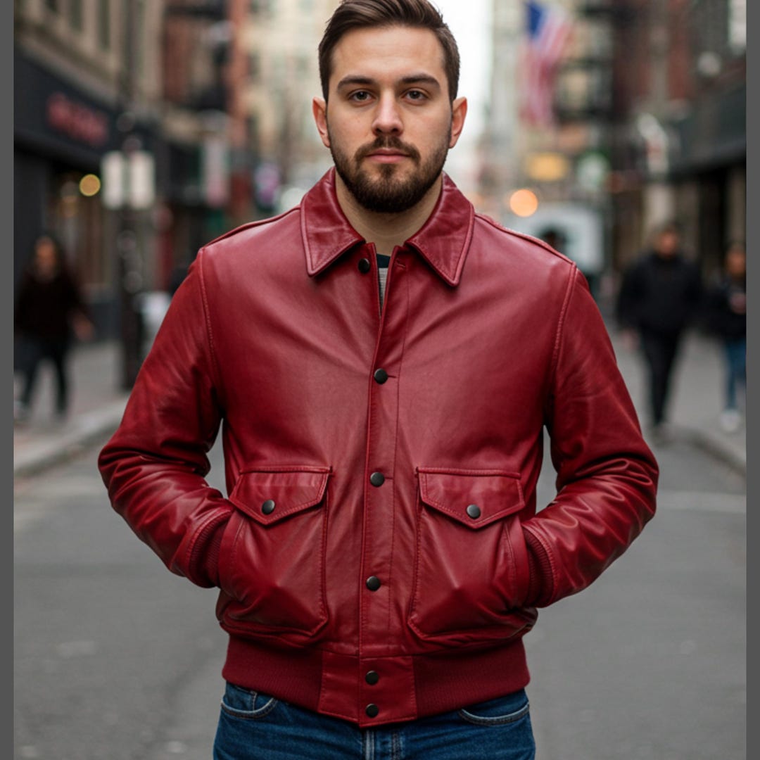 Men's Red Lambskin Leather Bomber Jacket | Button-up Aviator Coat