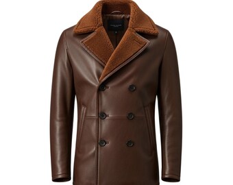 May include: A brown leather double-breasted coat with a shearling collar. The coat has four black buttons and two rows of buttons. The coat is a medium brown color and has a classic design.