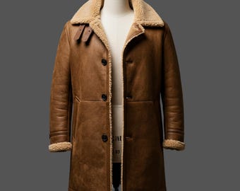Mens Brown Shearling Long Coat | Genuine Sheepskin Leather Overcoat | Luxury Winter Shearling Jacket