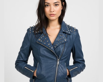 Women's Blue Studded Sheep Leather Biker Jacket | Handmade Moto Coat