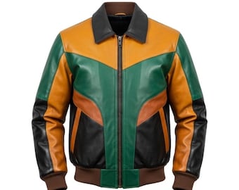 Men’s Multicolor Leather Bomber Jacket | Retro Patchwork Sheepskin | Green Brown Black Color Block Outerwear