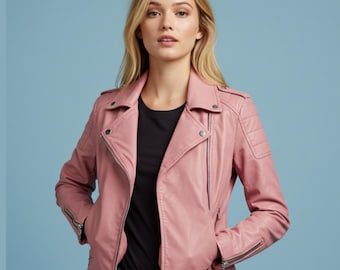 Women’s Pink Leather Biker Jacket | Genuine Leather Slim Fit Moto Coat | Stylish Outerwear