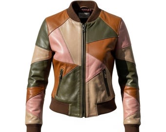 Women’s Designer Patchwork Leather Bomber | Multicolor Genuine Sheepskin Jacket | Luxury Colorblock Fashion Coat | Retro Chic