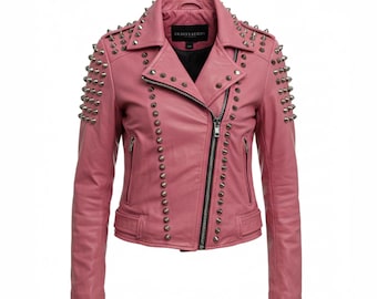 Women's Pink Studded Sheep Leather Biker Jacket | Handmade Moto Coat