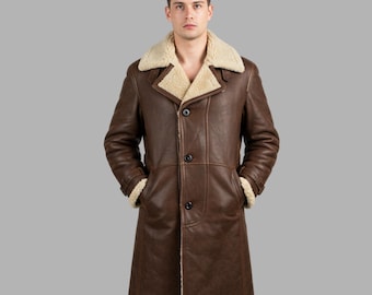 Men’s Brown Shearling Leather Coat | Genuine Winter Overcoat | Long Trench with Fur Collar