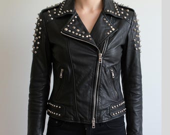 Women’s Black Studded Leather Jacket | Genuine Sheep Leather Moto Coat | Punk Rock Biker Outerwear