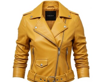 Geel leren bikerjack dames | Designer motorjas | Slim-fit bovenkleding van echte schapenvacht | Luxe modestijl