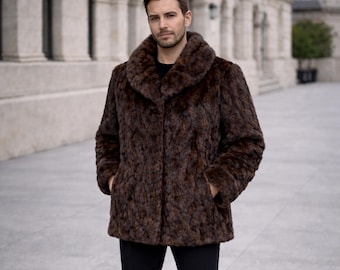 Men’s Brown Real Mink Coat | Luxury Genuine Mink Winter Jacket | Warm Designer Fur Outerwear