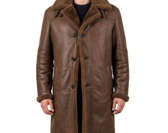 Brauner Lammfell-Ledermantel für Herren | Vintage Schaffell Wintermantel