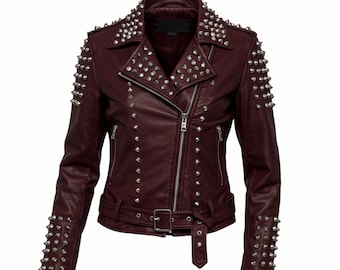 Women’s Burgundy Studded Leather Biker Jacket | Luxury Genuine Lambskin Moto Coat | Designer Rock-Chic Slim Fit Outerwear