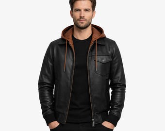 Men’s Black Leather Hooded Jacket | Genuine Sheep Leather Zip-Up Coat | Casual Streetwear Outerwear