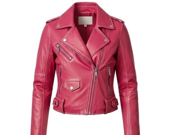 Women’s Luxury  Pink Leather Biker Jacket | Designer Moto Coat | Real Sheepskin Outerwear | Handmade Stylish Motorcycle Jacket