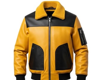 Men’s Yellow & Black Leather Bomber Jacket | Shearling Collar Designer Coat | Genuine Sheepskin Streetwear Outerwear
