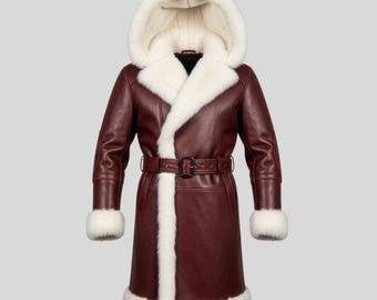 Abrigo de piel de oveja color vino para hombre / Chaqueta de invierno con capucha y ribete de piel / Abrigo navideño largo con cinturón