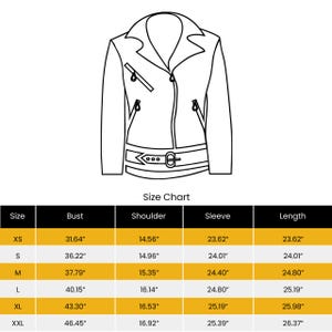 May include: Line drawing of a black motorcycle jacket with a notched collar, asymmetrical zipper, and belt. A size chart below shows measurements in inches for bust, shoulder, sleeve, and length for sizes XS to XXL.