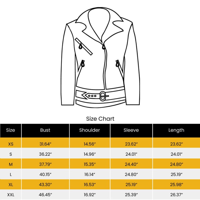 May include: Line drawing of a black motorcycle jacket with a notched collar, asymmetrical zipper, and belt. A size chart below shows measurements in inches for bust, shoulder, sleeve, and length for sizes XS to XXL.