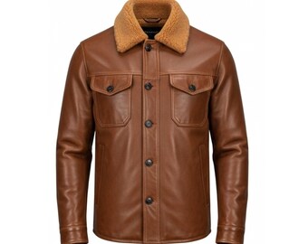Men’s Tan Shearling Collar Leather Jacket | Classic Brown Winter Coat | Genuine Sheepskin Outerwear for Men