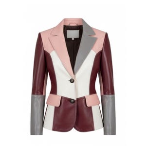 May include: A color-blocked blazer in a patchwork design. The jacket features panels of burgundy, white, pink, and gray leather. It has a notched collar, two front pockets, and a single-button closure. The sleeves are gray.