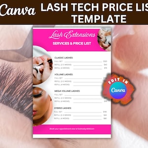 Op de afbeelding: Een roze en witte prijslijst sjabloon voor wimperextensions met de tekst "Lash Extensions Services & Price List". De prijslijst bevat Classic, Volume, Mega Volume en Hybrid Lashes. De sjabloon is bewerkbaar in Canva.