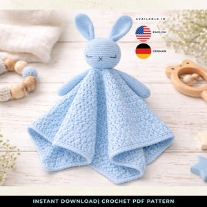 Schema PDF per copertina a forma di coniglietto all'uncinetto, giocattolo di sicurezza amigurumi per principianti (inglese/tedesco)