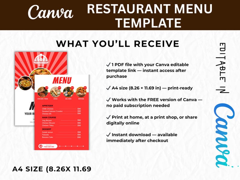 Editable Restaurant Menu Canva Template | 2 Page Menu Template, A4 Food ...
