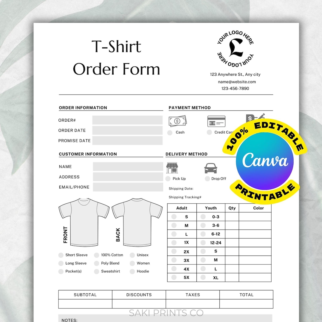 Editable T-shirt Order Form Canva Template (digital Download) - Etsy