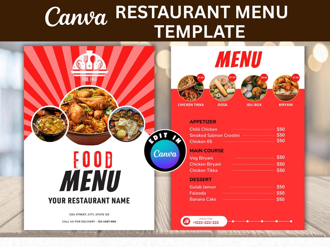 Two Pages Menu Card Design Editable Restaurant Menu Canva Template | 2 Page Menu Template, A4 Food ...