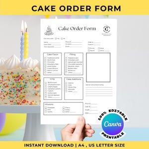 May include: A cake order form with sections for cake flavor, filling, icing, and cake additions. The form includes a cake graphic and the text "Cake Order Form". A decorated cake with candles is in the background.