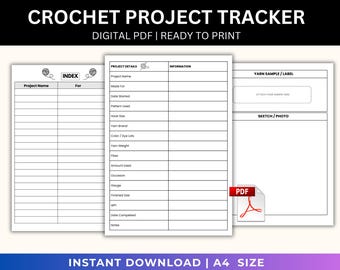 May include: A digital crochet project tracker PDF with A4 size pages. The layout includes an index page, a project details form with fields for yarn and hook information, and a page for yarn samples, labels, and sketches, all in black and white.