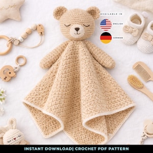 Crochet Bear Lovey Pattern, Beginner Amigurumi Security Baby Infant Blanket (English/German PDF)