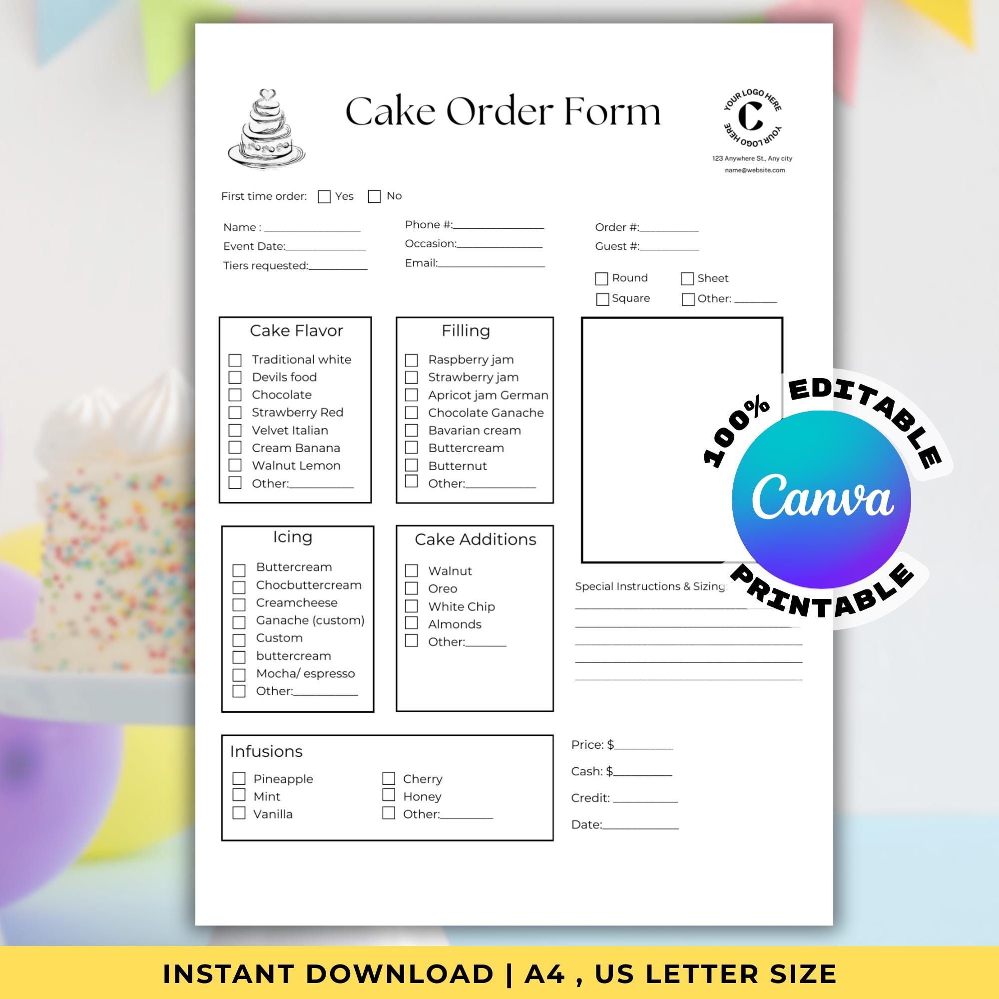 Editable Cake Order Form, Bakery Sheet, Canva Template (A4, US Letter ...