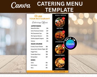 May include: A catering menu template from Canva, featuring a restaurant logo and menu categories: Appetizers, Main Course, and Sides. Includes images of Brie Bites, Chicken Bite, Potato Crispy, and Garlic Knots. The menu is on a wooden table.