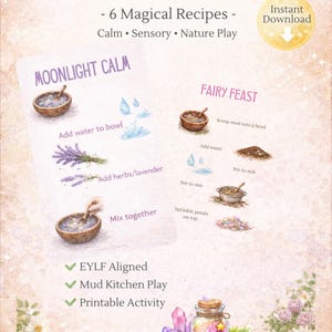 May include: A printable Fairy Potion Bundle with 6 magical recipes. The image features illustrated instructions for making potions, including "Moonlight Calm" and "Fairy Feast." A jar of colorful potion and crystals are also shown.