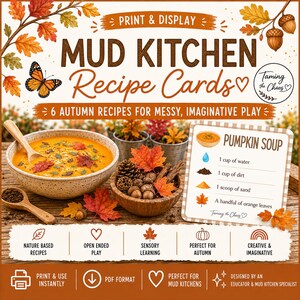 Op de afbeelding: Modderkeuken Receptkaarten met herfstthema recepten. De afbeelding toont een kom pompoensoep, herfstbladeren en een receptkaart. Tekst bevat "Print & Display", "6 Herfstrecepten" en "Perfect voor Modderkeukens."