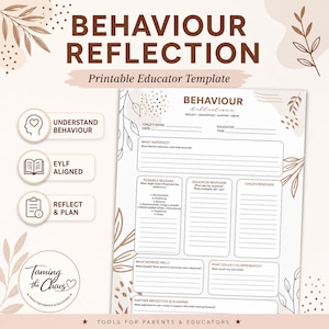 May include: A printable "BEHAVIOUR REFLECTION" educator template. It features sections for understanding behaviour, EYLF alignment, and reflection and planning. The template includes prompts for child's name, date, and educator's time, with spaces for detailed notes.